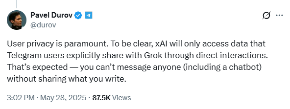 Пост Павла Дурова про приватность и обмен данными при прямых взаимодействиях.