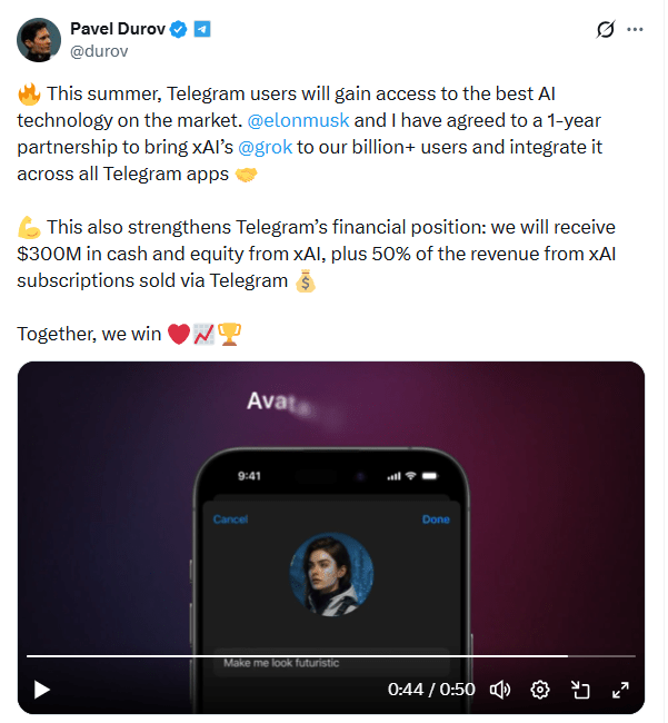 Пост Павла Дурова с описанием условий сделки Telegram и xAI.