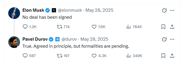 Посты, где Маск отрицает подписанную сделку, а Дуров пишет о формальностях.