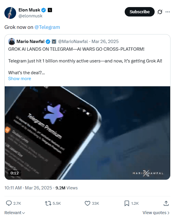 Пост Илона Маска с анонсом Grok в Telegram от 26 марта 2025.