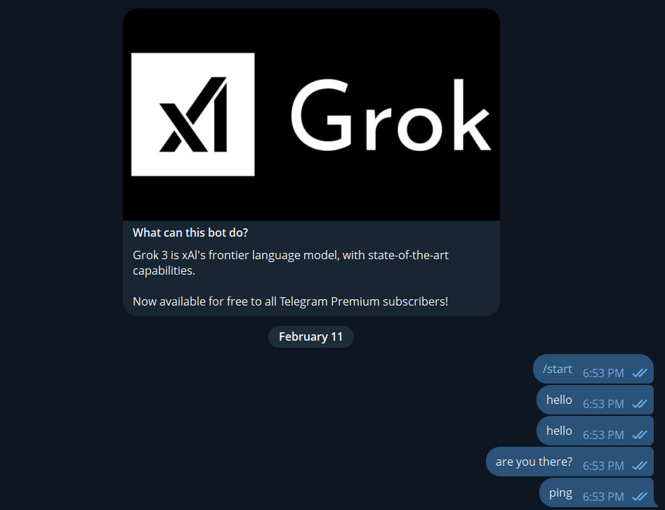 Скрин официальной карточки Grok-бота для Premium-подписчиков Telegram.