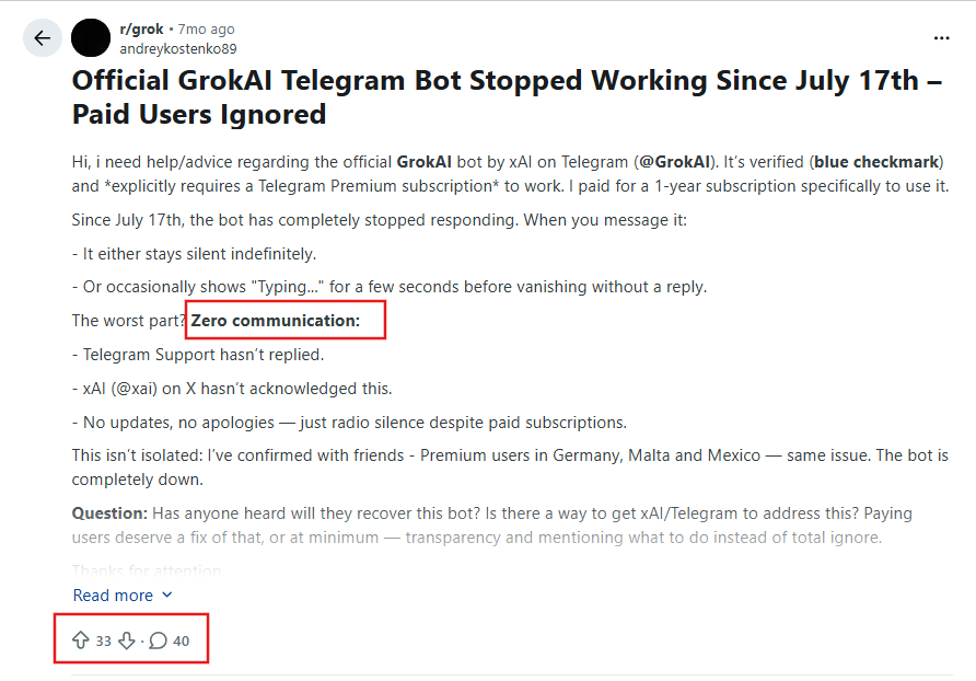 Пост на Reddit о прекращении ответов официального Grok-бота в Telegram.